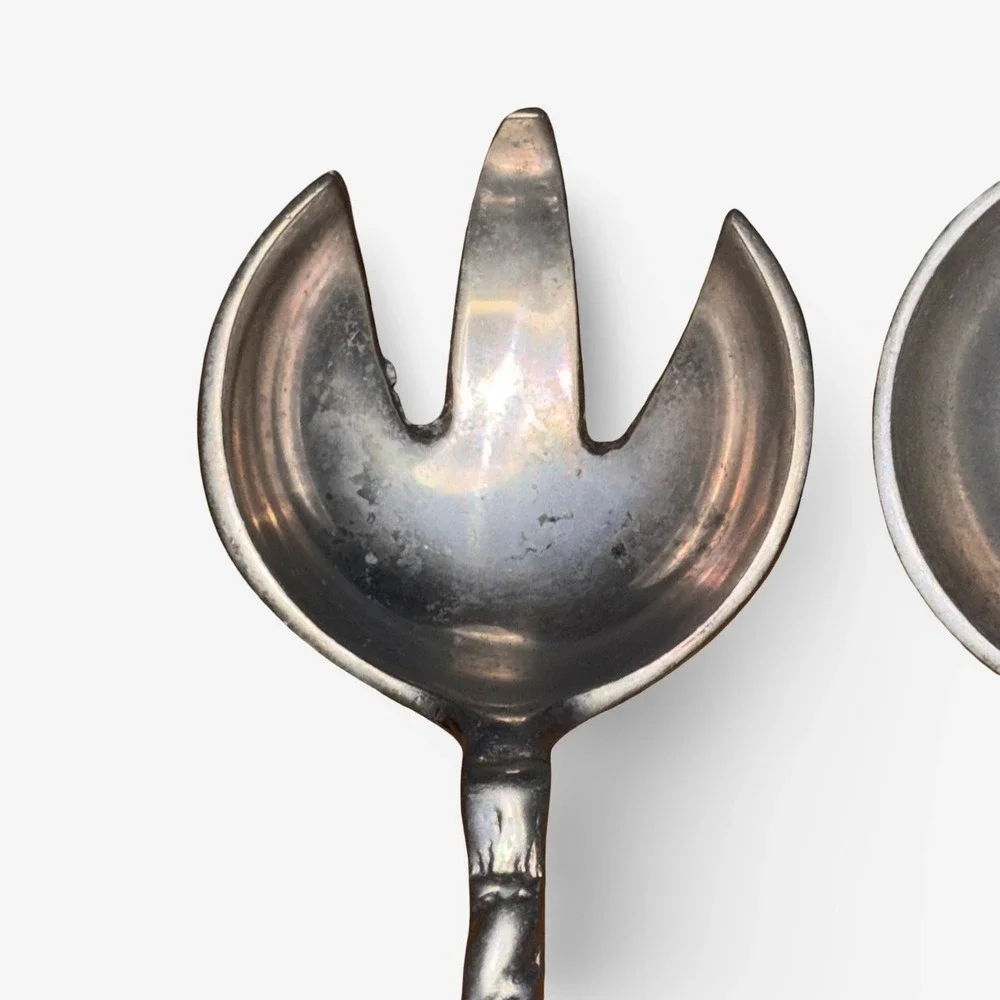 Artesanías de México Mexican Pewter Salad Utensils Silver Rope Hand Finished 90s